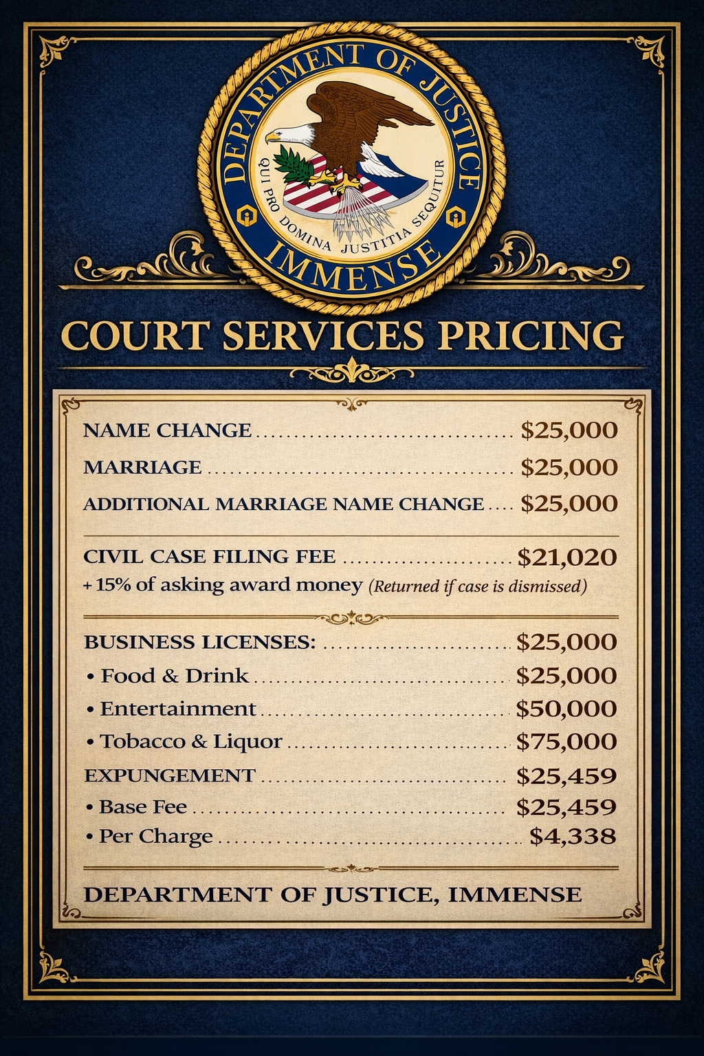 DOJ court services pricing poster: name change, marriage, civil filing, business licenses, expungement